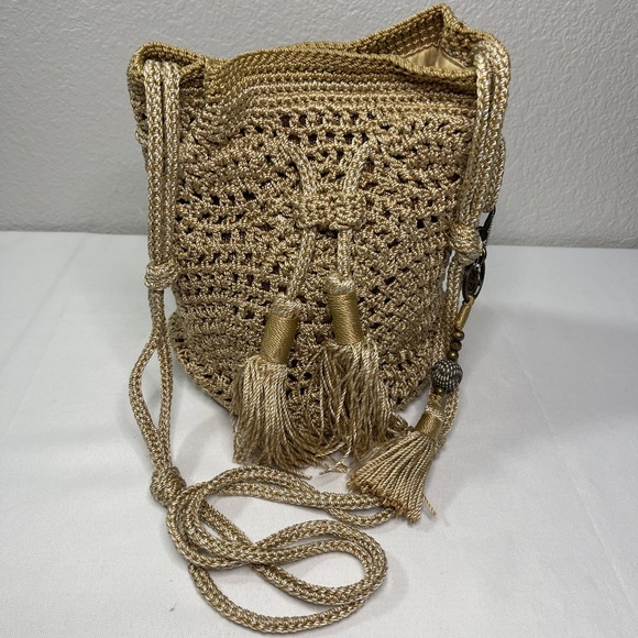 The Sak Handbags - The Sak Bamboo Gold Static Crocheted Mini Crossbody Purse Drawstring Bucket Bag